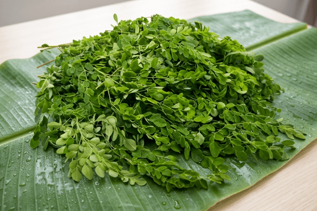 Freshly harvested moringa leaf over a deep navy background — Phyto-Medichem single-origin botanical ingredients